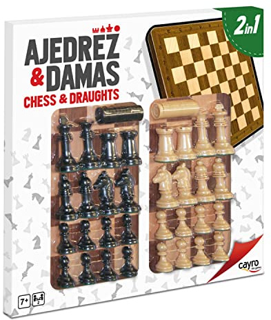 Cayro – Schach und Dame – ab 5 Jahren – Holzbrett – Doppeltes klassisches Brettspiel – Kinder und Erwachsene – mit 48 Teilen in 2 Farben – für 2 Spieler