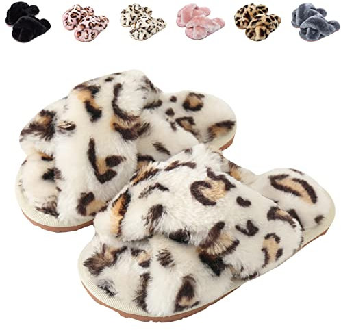 Pantofole Peluche Donna Ciabatte Invernali Pelose Bambina Scarpe da Casa Donna Comode Calde Aperta Slippers Leopardo Bianco EU 35/36 (Dimensione Etichetta 36/37)