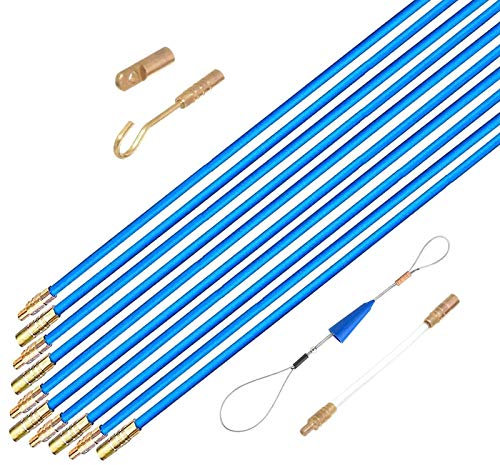 11' Fiberglass Electrical Connectable Fish Tape Pull Kit, Cable Rod Set with Hook and Hole Kit in Transparent Tube (Blue, 10Rods x 33cm)
