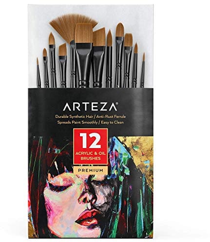 ARTEZA Acrylic & Oil Paint Brushes [Set of 12] Premium Synthetic Artist Paint Brushes with Brass Ferrules & Wooden Birch Handles, Painting Art Supplies for Beginners and Experts