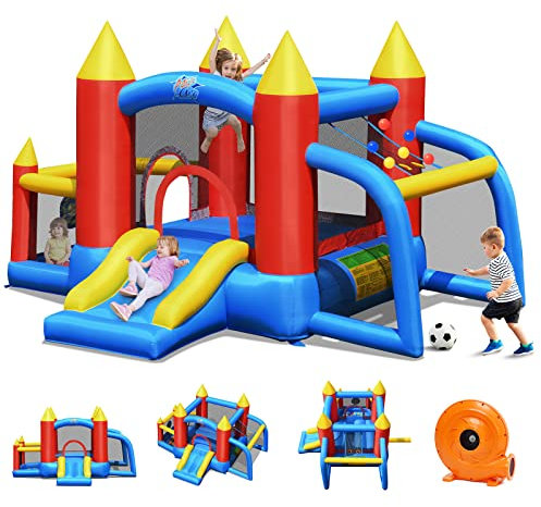 COSTWAY Château Gonflable 6 en 1 avec Toboggan Lisse, Aire de Jeu Gonflable en Oxford avec Maison de Saut, Maille Respirante, 60 Boules pour 4 Enfants de 3-10 Ans,Charge 90kg, avec Souffleur