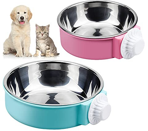 2 Pcs Pet Crate Water Bowl 2 IN 1 Pet Hanging Bowl Removable Stainless Steel Dog Bowls, Large Capacity Cat Feeding Bowls with Bolt Holder for Cats and Dogs and Other Small Animals - Blue, Pink