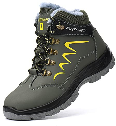 Blueskyli Scarpe antinfortunistiche da uomo e donna, S3, leggere, impermeabili, di sicurezza, invernali, con calda imbottitura, con punta in acciaio, verde, 44 EU