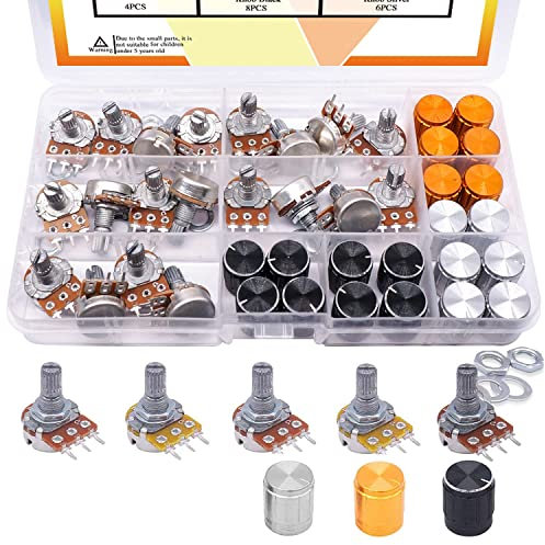 Taiss 60Stück Potentiometer Kit B5K 10K 20K 50K 100K Ohm Linear Taper Drehpotentiometer B Type Potentiometer with Nuts, Washers and 3 Different Colors of Aluminum Alloy Knopf F029