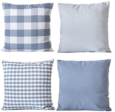 HOPLEE Hellblauer Kissenbezug mit Büffelkaro, einfarbig, hellblau, gestreift und Vichy-Karo-Muster, 40,6 x 40,6 cm, 4 Stück