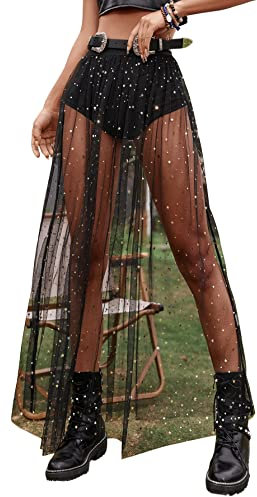 GORGLITTER Glitzer Rock Damen Party Mit Mesh Transparent Hose Drunter 2 In 1 Mit Galaxie Muster Schwarz L