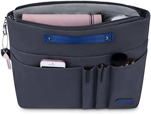 HyFanStr Bag Organizer for Handbags,Tote Bag Organizer Insert Zipper Bag for Women, Handbag Organizer Inside Liner with 15 Pockets, Darkgray, XS