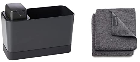Brabantia Organizador de vajilla de plástico Gris Oscuro, Talla única & Paños de Cocina de Microfibra, Gris Oscuro, Set de 2