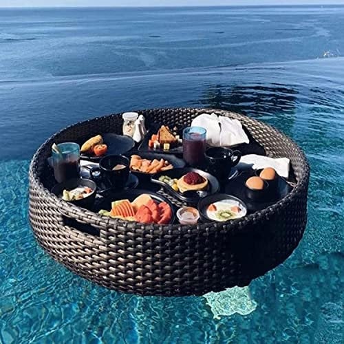 Floating Oval Rattan Tablett - Schwimmendes Frühstückstablett für Pool & Beach Party, Schwarz - 80x20cm