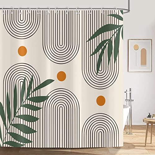 ASDCXZ Duschvorhang Boho 180x200 cm, Modern Abstrakt Kunst Boho Style Grün Blätter Orange Sonne Linie Beige Waschbar Duschvorhänge Textil Wasserdicht Duschvorhang für Badewanne mit 12 Haken