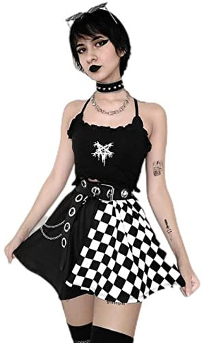 Y2k Gothic Skirt High Waist Black Pleated Skirt Plaid Skirt A Line Mini Skirt Skater Skirt Tartan Skirt -Black White2,M
