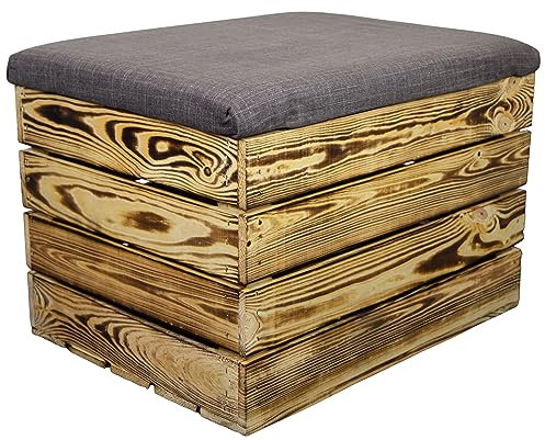 Kistenkolli Altes Land Sitzbank mit Sitztruhe Maße 34x35x48 Sitzhocker Obstkiste Holzkiste faltbar Sitztruhe belastbar bis 150kg Deckel klappbare Sitztruhe Aufbewahrungsbox (Geflammt)