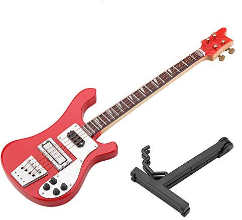 Natudeco Rote Miniatur Bassgitarre, Miniatur Gitarre Modell Holz Replik Modell Ornament Bass-Modell-Ornament 20cm mit verstellbarem Ständer Koffer für Autos Büros