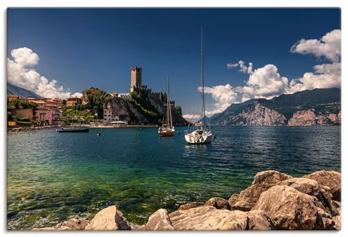 ARTLAND Wanddeko Leinwand Bilder Wandbild 120x80 cm Mediterran Landschaften Idyll Burg Boot Gardasee Italien U4VN