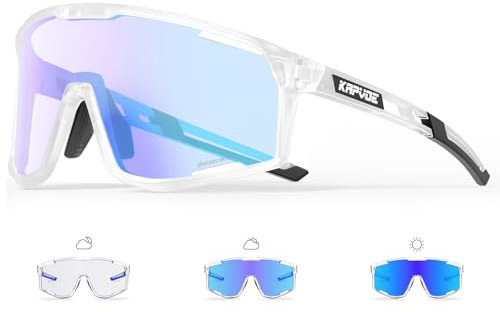 KAPVOE Photochromatische Selbsttönend Fahrradbrille für Herren Damen Klar Sportsonnenbrille TR90 Rahmen Sport Radfahren MTB Radbrille UV400 Schutz Sportbrille für Laufen Fahren Baseball Blau