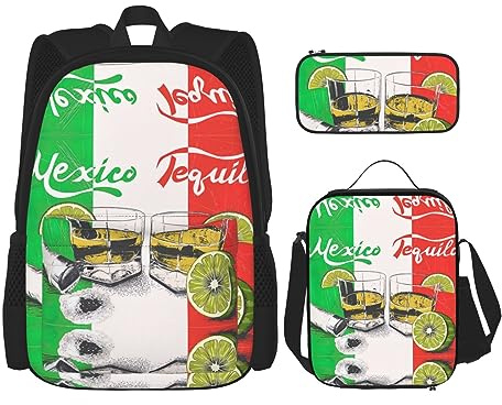 fifbird Große Kapazität, Mexiko-Flagge und Tequila-Rucksack, Lunch-Tasche, Federmäppchen, Kombination, 3-teiliges Set, für Mittelschule