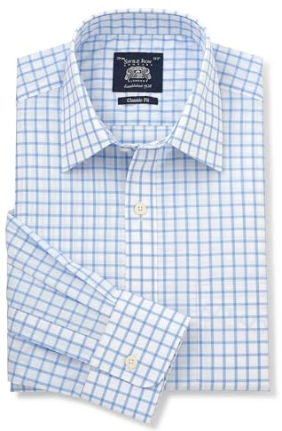 THE SAVILE ROW COMPANY LONDON Men's Classic Fit Cotton Poplin Long Sleeve Formal Dress Shirt - Single Cuff - Blue White Check - 19.5 Collar - Standard