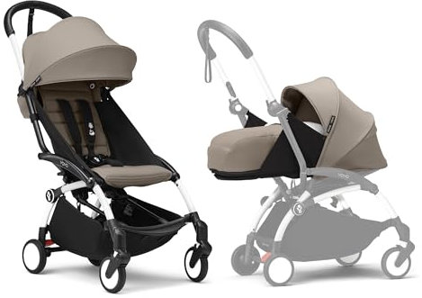 Stokke YOYO3 Kinderwagen mit Neugeborenen Set - Enthält weißem Rahmen, YOYO 6 + Textilset (Taupe) & 0 + Neugeborenen Set (Taupe)