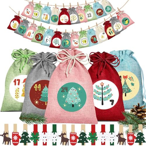 Adventskalender 2024 zum befüllen Stoff Weihnachtskalender aus Holz mit 24 Stoffbeutel Groß 18 x 13 cm, 24 Weihnachtsklammern und 2 Adventskalender Sticker