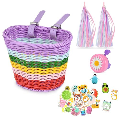 flintronic Fahrradkorb Kinder, Fahrradkorb Geflochten für Mädchen und Kinder Vorne, Abnehmbar Fahrradkorb aus Rattan, mit Luftschlangen Fahrradklingel, Aufkleber (Regenbogenfarben)