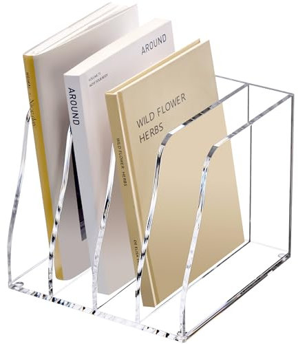 SANRUI Magazine File Holder for Desk, Acrylic File Organiser with 4 Vertical Compartments, File Sorter Book Holder, Clear Desk Organizer for Office, Home, School