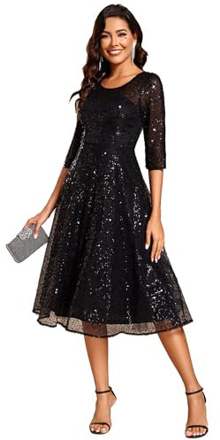 Ever-Pretty Women's Prom Dress Round Neck 3/4 Sleeve Elegant A Line Sequin Luxurious Evening Dresses for Wedding Guest Black 12UK