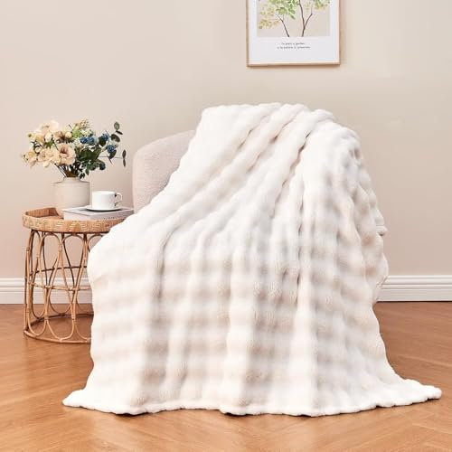 Wajade Couverture Plaid Polaire Super Chaude, Plaid Fausse Fourrure Haute Qualité, Style de Bulle Confortable, Ultra Douce et Duveteuse,white-127cmx153cm