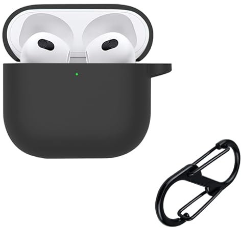 Rojeuinn Hülle für Airpods 4 2024 Silikon Schutzhülle,unterstützt Kabellos Laden [Front-LED Sichtbar] mit Karabiner Stoßfest Case Cover-Schwarz