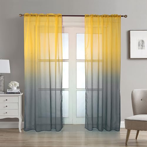 Lukery Transparent Vorhänge Wohnzimmer 2er Set, Gradientenfarbe Lang Halbtransparent Gardinen Vorhänge Durchsichtig für Fenster Küche Wohnzimmer Landhaus (100x260cm,Gelb Grau)