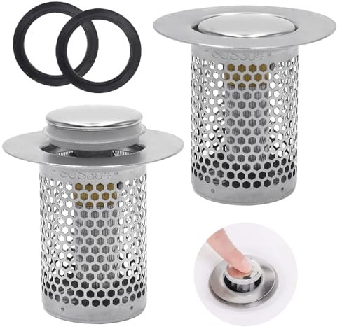 YDHfdc 2 Pcs Sink Plug Strainer 33 x 50mm Stainless Steel Sink Strainer Removable Hair Catcher with Brass Rebound Core for Wash Basin, Bathtubs, for 34-40mm Drain Hole