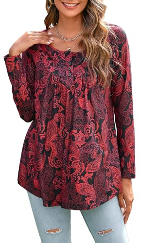 Enmain Tunic Tops for Women UK Long Sleeve Plus Size Tunic Tops for Leggings Longline Ladies V Neck Blouse Loose T Shirt Buttons Up Floral Printed Ladies Blouse,L4-Red/Black,3XL