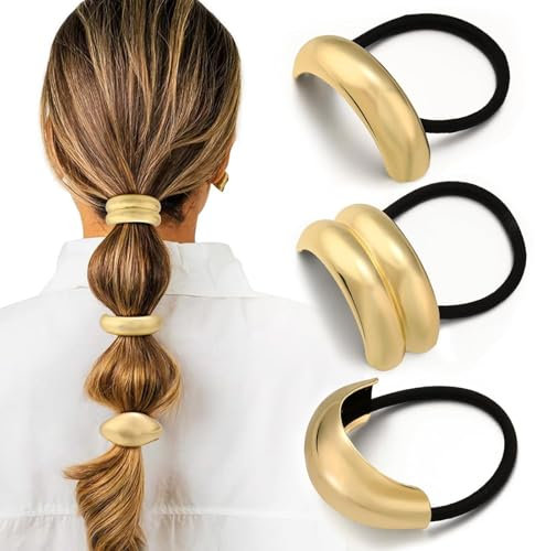 3 Stück Haargummi Damen Metall Haarband, Gold Elastisches Haarmanschetten, Women Hair Accessories, Pferdeschwanzhalter für Damen und Mädchen (3 Stile)