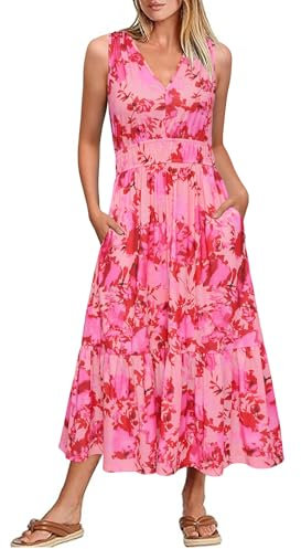 Newshows Summer Dresses for Women UK V Neck Sleeveless Midi Casual Vacation Sundress with Pockets(Pink Floral,XL)