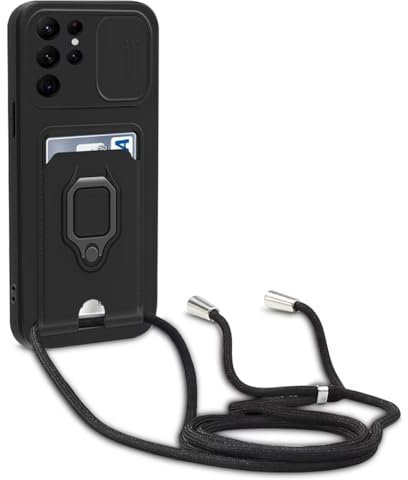 Beajew Cordon de Coque Compatible avec Samsung Galaxy S24 Ultra, Couvercle Coulissant de la Caméra+Support Annulaire à 360 Degrés, Fentes pour Cartes Lanyard Silicone Case - Noir