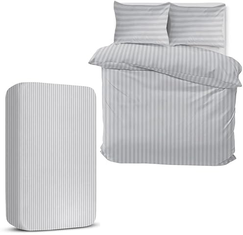 MOONLIGHT20015 King Size Duvet Cover Sets 4 Piece Satin Stripe Duvet Covers Soft Brushed Microfiber Bedding Set with Fitted Sheet & 2 Pillow Cases (Silver, 230x220 cm)