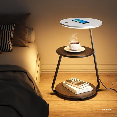 Beistelltisch Nachttisch mit Ladestation, abgerundete Nachttische für Wohnzimmer mit offenem Regal, Nachttisch Nachttisch für Schlafzimmer, Walnuss/Marmor (Größe: Silber+Walnuss) Learned extensively