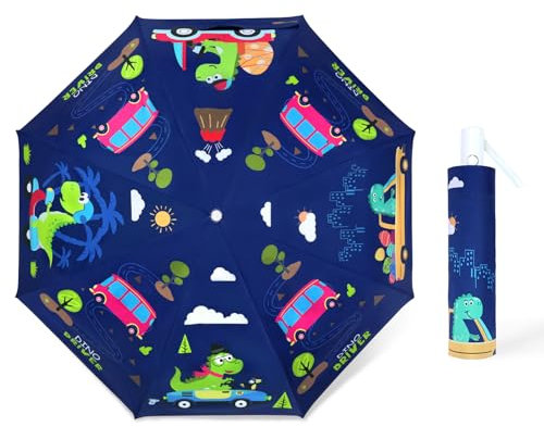 Regenschirm Kinder Mädchen mit Niedlichem Muster, Kinderschirm Reflektierend mit Schirmhülle & Auf-Zu-Automatik, Taschenschirm Winddicht Sturmfest für Jungen Leicht zu Transportieren-Auto Dinosaurier