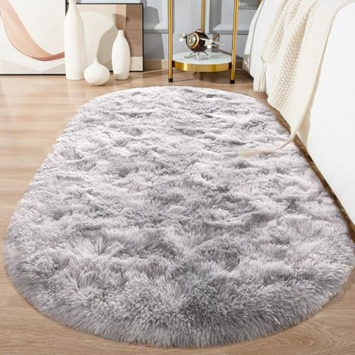 AIMECO Skandinavischer Teppich lang oval Waschbarer Teppich Memory Foam Wohnzimmerteppich Schlafzimmerteppich Kinderteppich 100x160 cm,Tie-dye hellgrau
