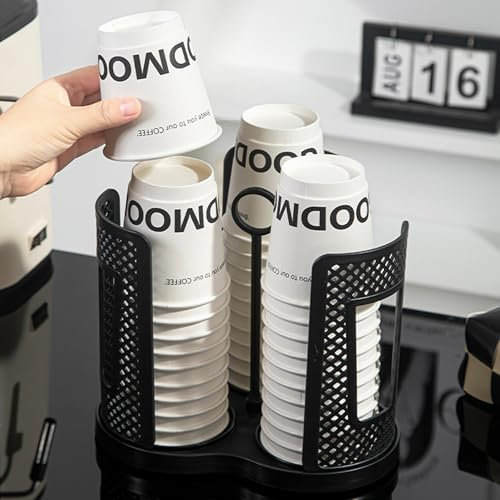 QSLKI Rotatable Cup and Lid Organizer with 4 Compartments, Portable Small Lifting Ring, Coffee Cup Dispenser, Paper Cup Storage Holder, for Countertop Bathroom Kitchen Bedroom Coffee Shop