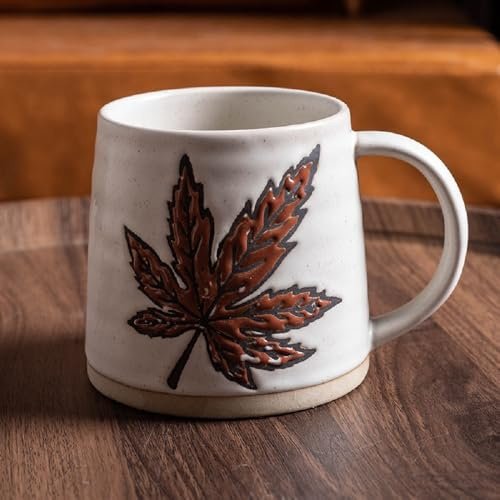 MAGICVOGEL Keramik Kaffeetasse 400ml Kaffeebecher Blätter Muster Trinkbecher Retro Kakaobecher Teetasse Milchbecher Geschenk für Weihnachten Neujahr Party Muttertag (Ahornblatt)