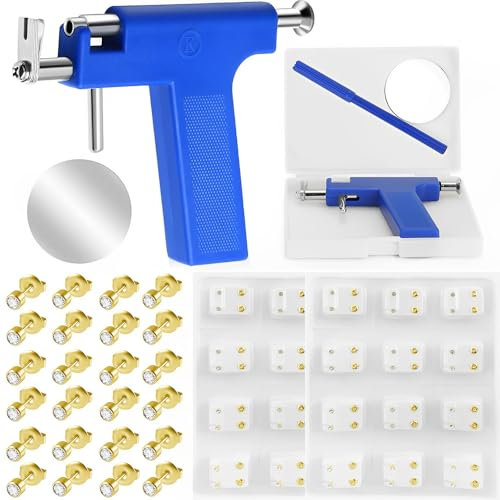 CUEMOON Ohrlochstechpistolen-Set Wiederverwendbares Ohrlochstechwerkzeug Professionelles Ohrring-Set für Körper, Nase und Lippe mit Edelstahlstiften Silberner Stabsatz mit 36 Stück Edelstahl, Blau