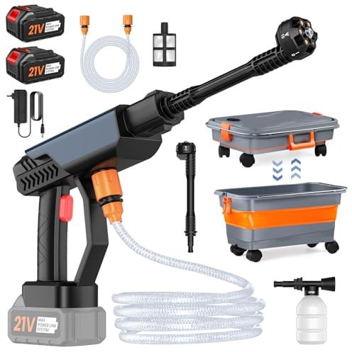 Idropulitrice a Batteria, 30 Bar Idropulitrice Batteria Portatile con Secchio Pieghevole da 22L, 2 Batterie da 3,0 Ah, Ugello 6 in 1, Idropulitrice senza Fili per Auto e Giardino