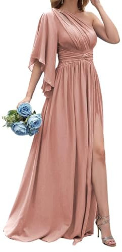 HPPEE Abito da damigella d'onore a maniche lunghe da donna, abito da sposa in chiffon con apertura a pieghe, Rosa antico, 52 Grande