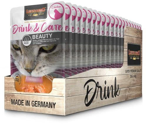 LEONARDO Drink & Care Beauty [20x40g Multipack Sorte Huhn] Katzendrink | getreidefreie Hühnerbrühe mit Fleischstreifen für glänzendes Fell | Ergänzungsfuttermittel für Katzen