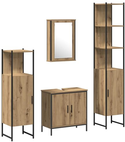 vidaXL 4-teiliges Badezimmermöbel Set Artisan Eiche Holzwerkstoff mit hohem Schrank, Spiegelspeicher und Regalen für organisiertes modernes Design im Waschraum