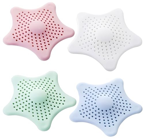 4Pcs Silicone Sink Shower Drain Hair Catchers with Suction Base | Reusable drain filter traps hair, fits bathroom bathtub and kitchen sink blocking clogs