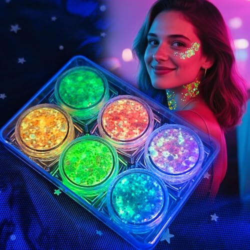 Festival Glitzer Gesicht, 6 Farben Fluoreszierendes Face Body Glitter | Chunky Sequin Festival Zubehör Accessoires Gadget,Geeignet für Partys, Halloween, Karneval, Make-up-Balls usw.