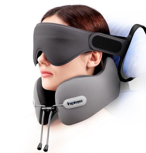 Inspireyes Nackenkissen mit Sitzgurt, Stabiler Halt auf Langstrecken | Flugzeugkissen aus Stützschaum, 3D Schlafmaske, 360° Kopfstütze, Schlafstütze, gegen Kopfnicken, Reise-Essential, Grau