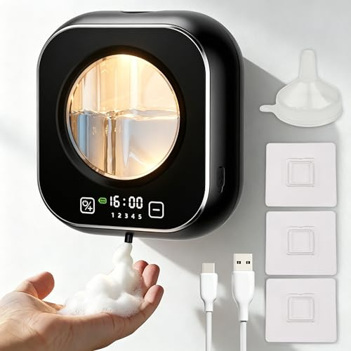 NEXSTRON Distributeur de Savon Automatique, 320ml Distributeur Savon Mousse avec Capteur Infrarouge, Mural,Étanche IPX5, 1500mAh Rechargeable par USB, 5 Niveaux Réglables pour Salle de Bain,Cuisin