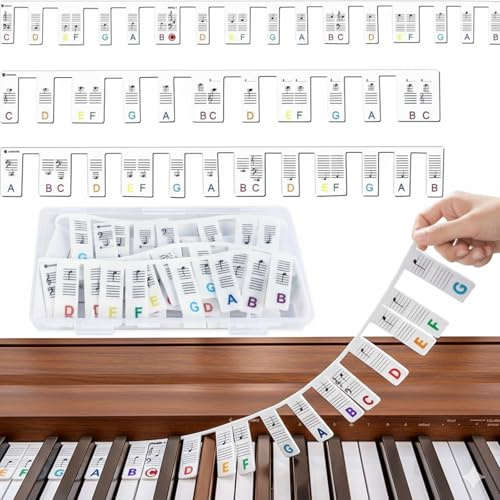 Removable Piano Keyboard Note Labels 88 Key Full Size, Silicone Piano Notes Overlay White Background Colour Letters, Reusable Piano Key Labels for Beginners, Piano Notes Guide No Stick Stickers